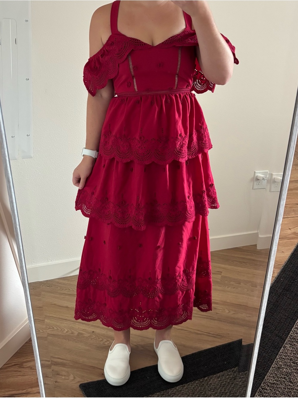 Self-portrait raspberry Red Tiered Eyelet long Dress off the shoulder ruffle 0